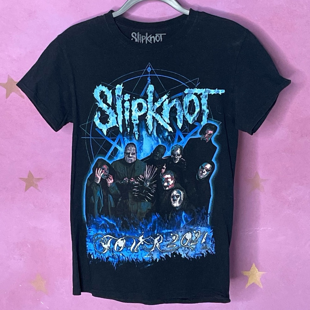Slipknot Black Tee Blue Logo Band Photo And Tribal 2021 Tour Cities Band Merch